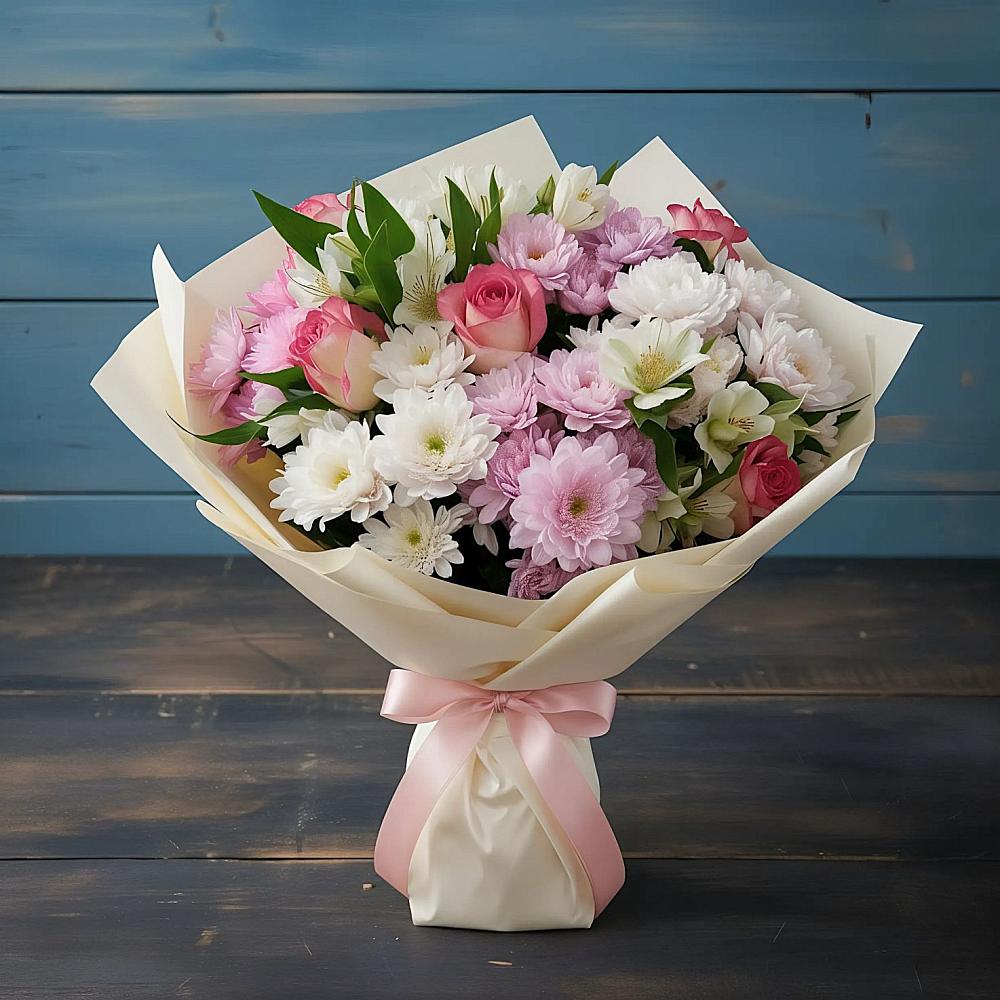 Букет цветов из: Хризантемы, Альстромерии и Розы в Приволжске